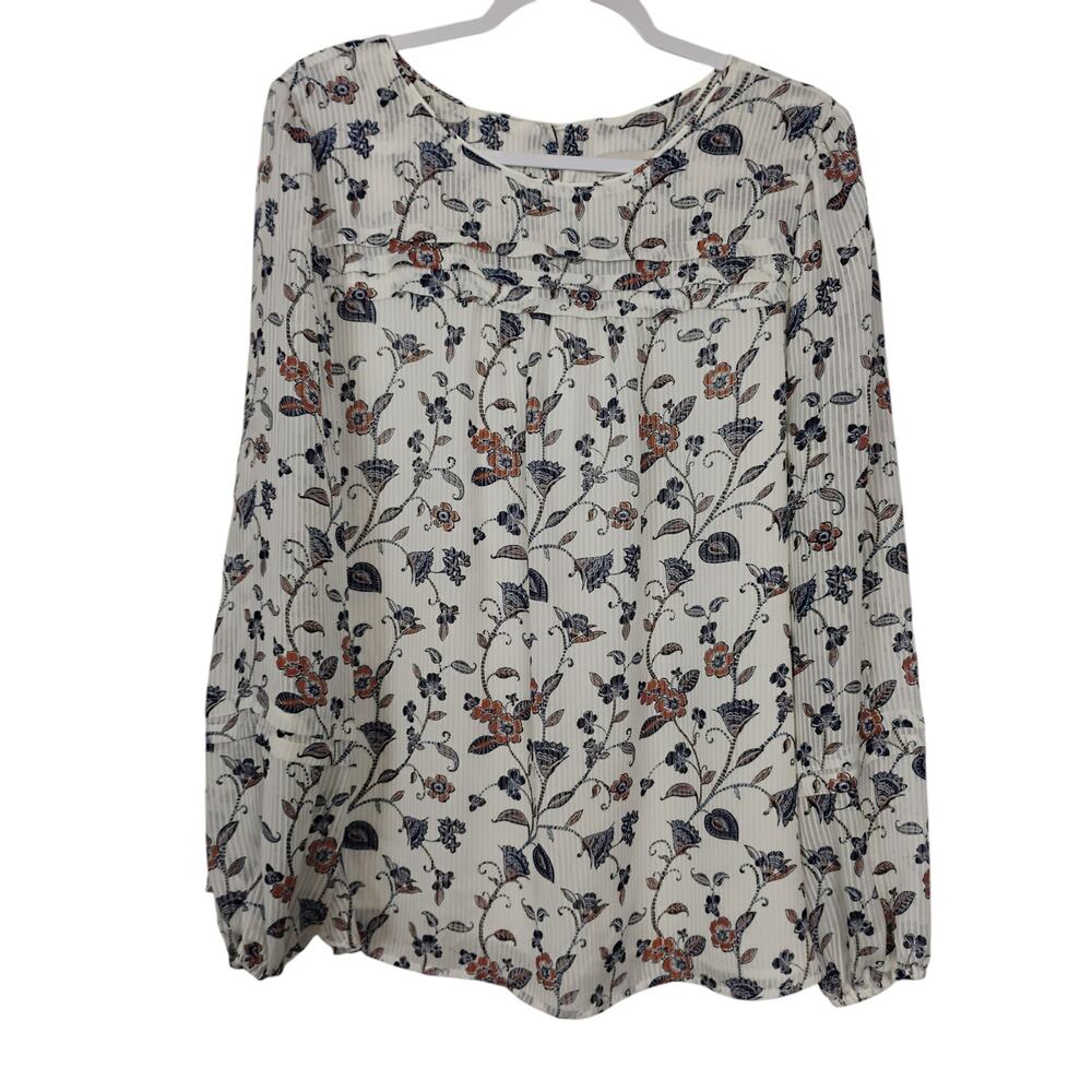 LOFT XL Floral Paisley Sheer Stripe Pleated Balloon Sleeve Peasant Top